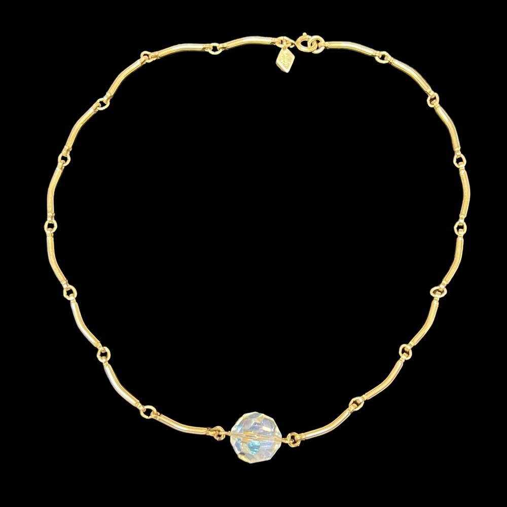 Vintage Sarah Cov Gold Tone Choker Necklace w/ Faceted Crystal Bead